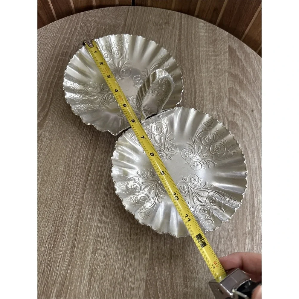 Hammered Aluminum Double Basket w Handle and Fluted Edge Reticulated Florals